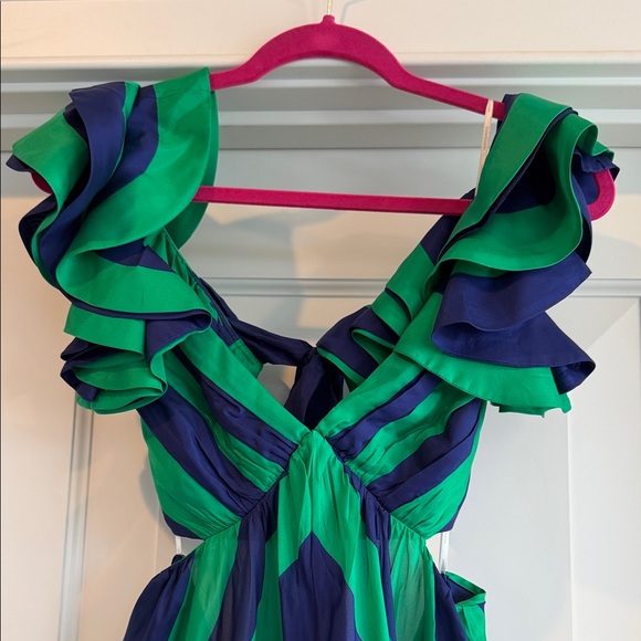Zimmerman sz 1 Green and Navy Chevron Ruffle Maxi Dress - Picture 2 of 5